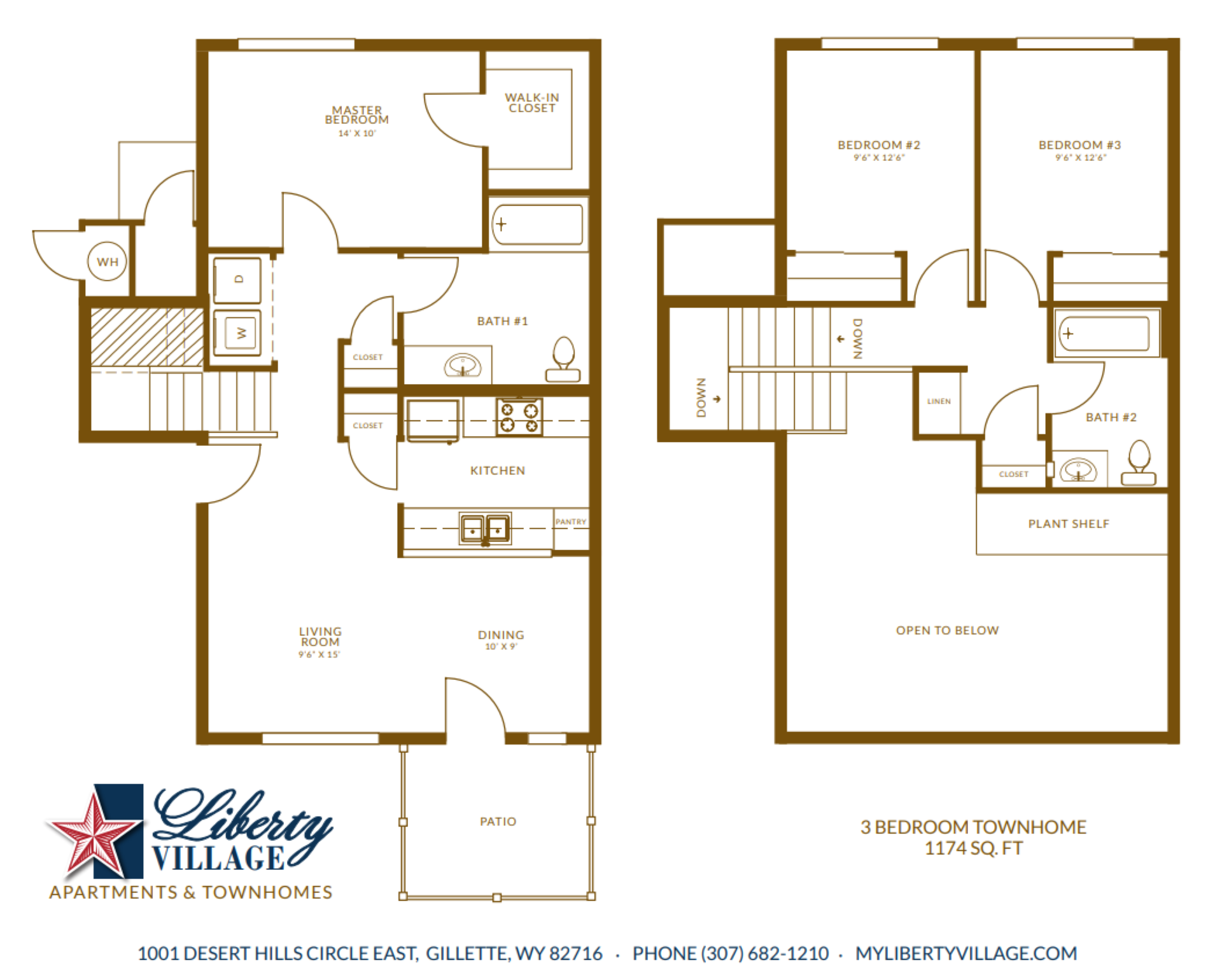 Floor plan for 3 beds, 2 baths, 1174 sqft